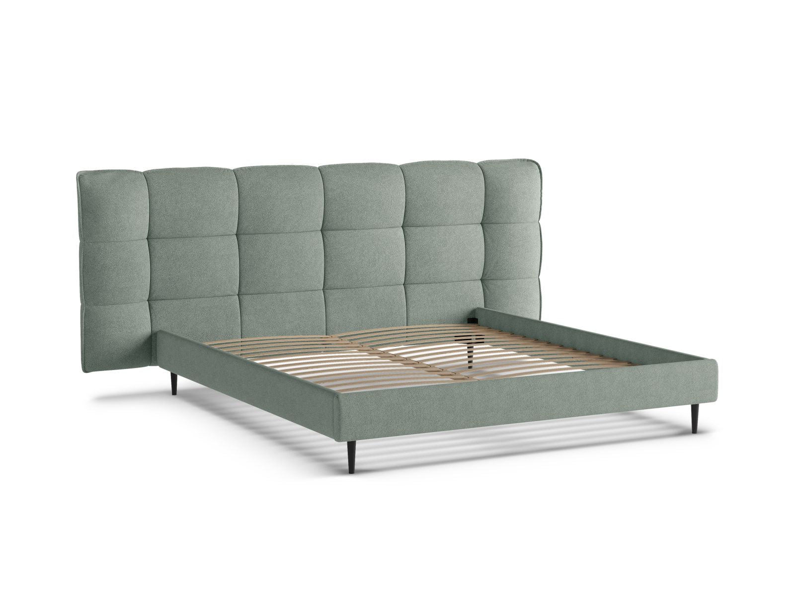Elegantes Eric Bett in Mint-Sicuro, mit Füßen und integriertem Stauraum, ideal für stilvolle und funktionale Schlafzimmer.