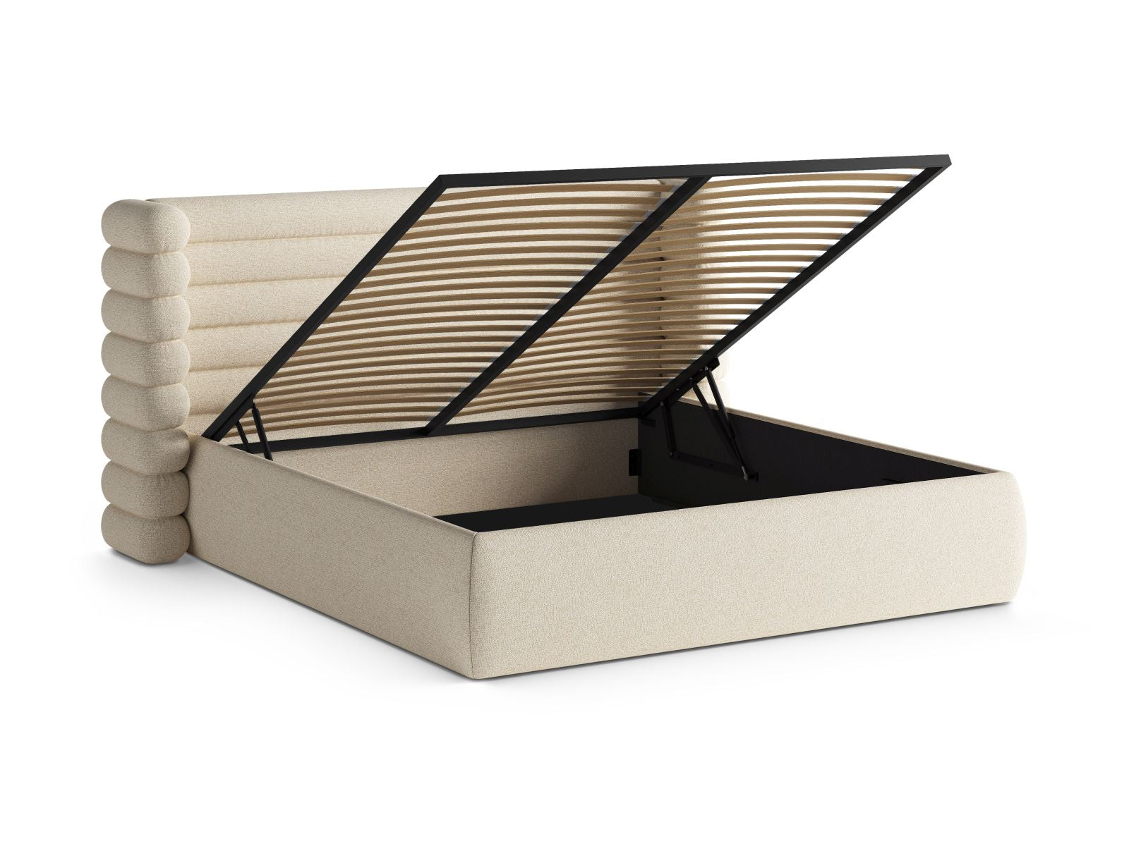 Modernes Mount Bett in sanftem Beige, 160 cm, ausgestattet mit praktischem Stauraum und einem ansprechenden Kopfteil für ein stilvolles Ambiente.