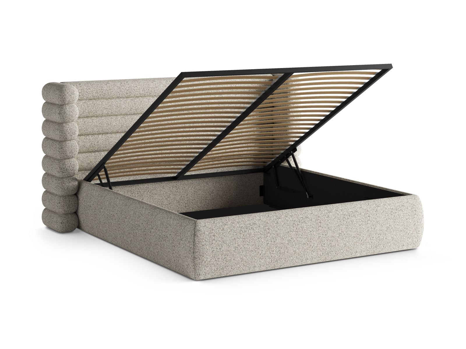 Modernes Mount Bett in Beige Melange, bietet cleveren Stauraum und ein elegantes Kopfteil, ideal für stilvolle Schlafzimmer.