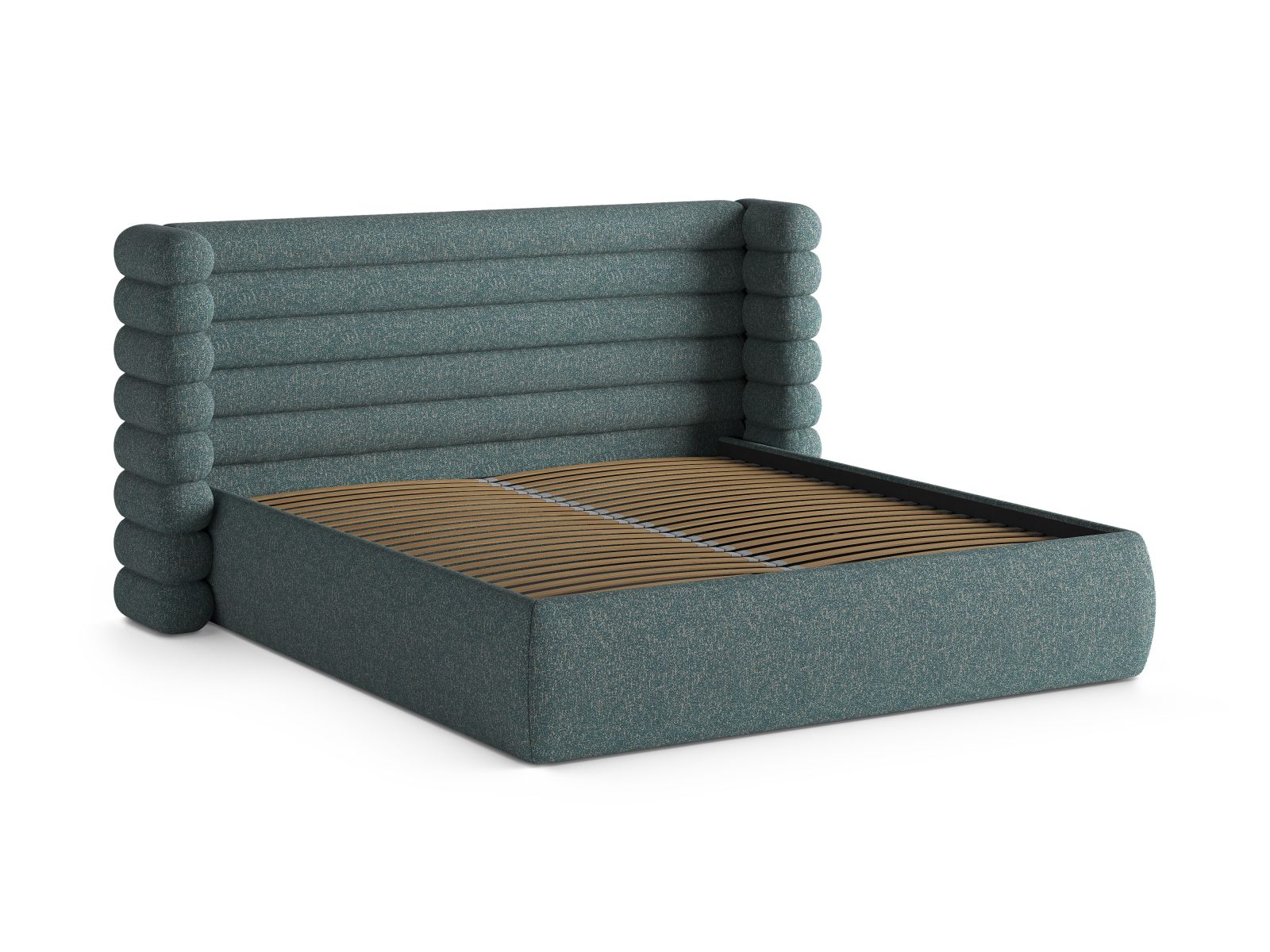 Elegantes Mount Bett mit 160 cm Breite, ausgestattet mit praktischem Stauraum und einem ansprechenden Kopfteil in Blue Melange-Puente.