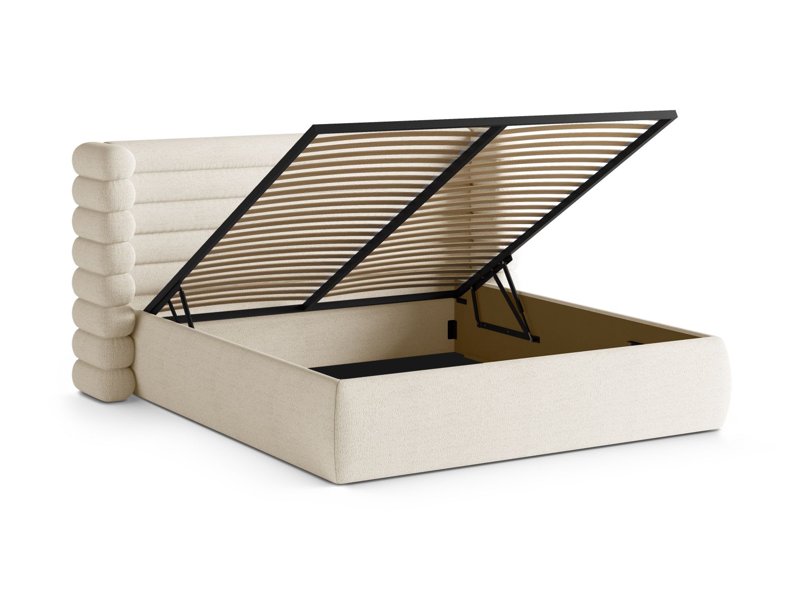 Stylisches Mount Bett in Ivory-CORAL, ideal für moderne Schlafzimmer, bietet cleveren Stauraum und ein ansprechendes Kopfteil.