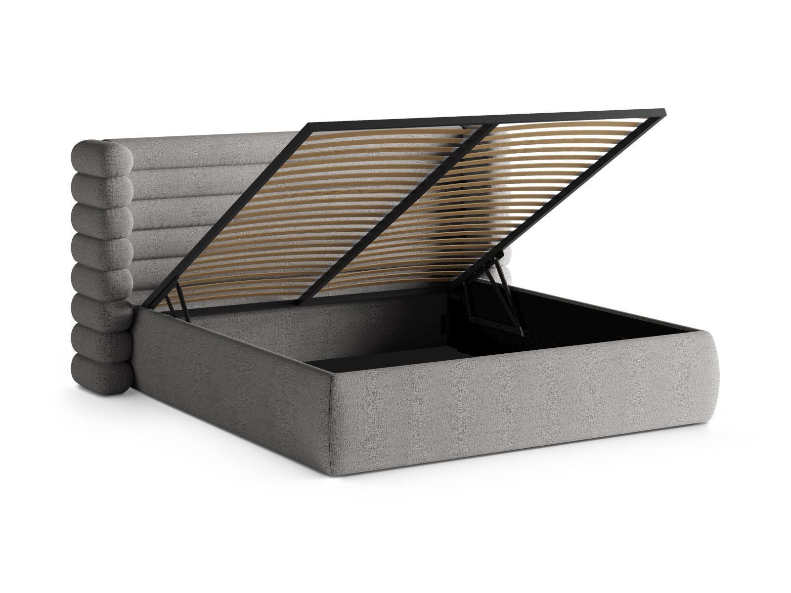 Modernes Mount Bett mit 160 cm Breite, ausgestattet mit praktischem Stauraum und einem stilvollen grauen Kopfteil für ein elegantes Ambiente.