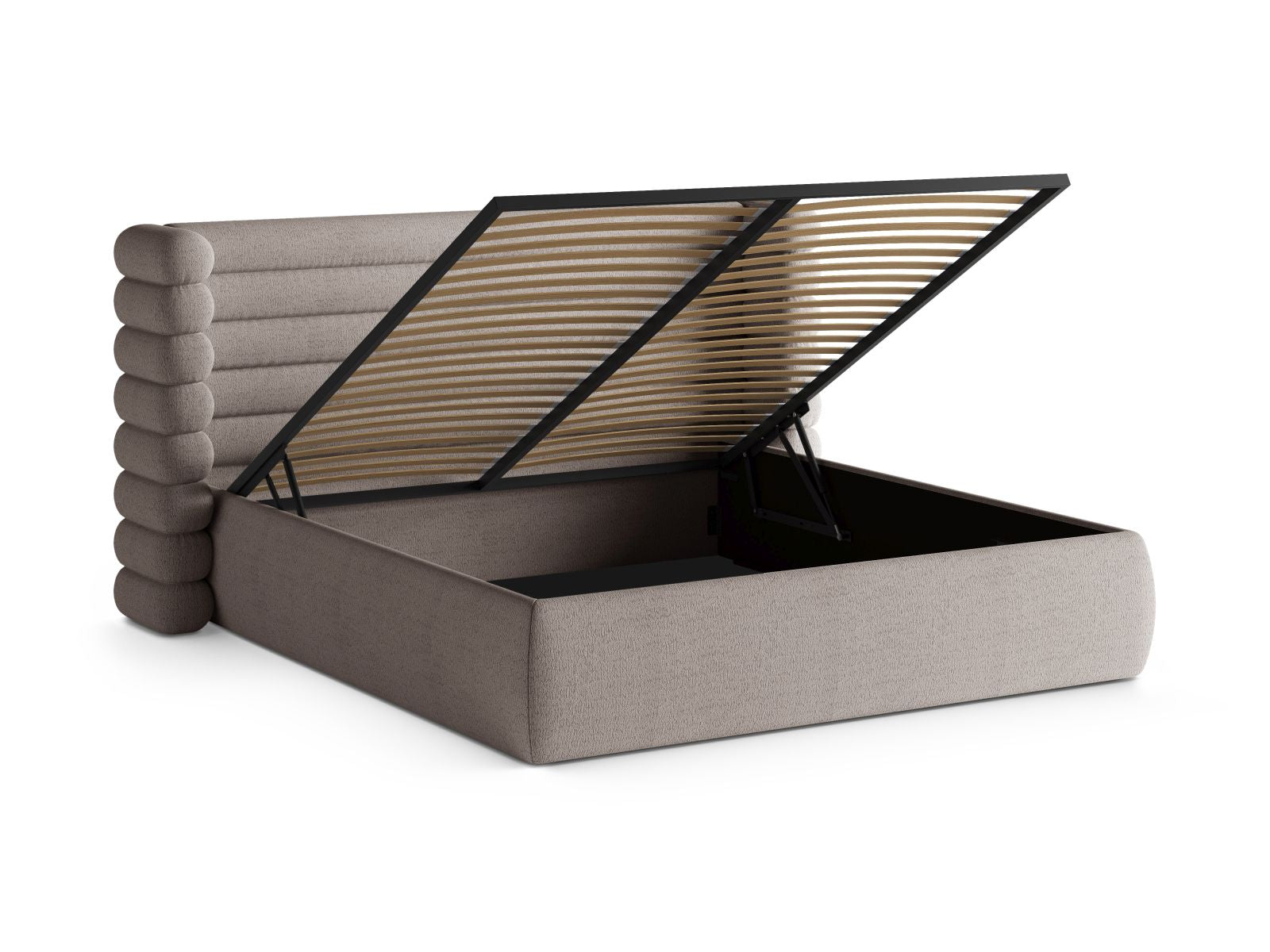 Modernes Mount Bett in Warm Grey, 160 cm, mit integriertem Stauraum und ansprechendem Kopfteil für stilvolle Schlafzimmergestaltung.