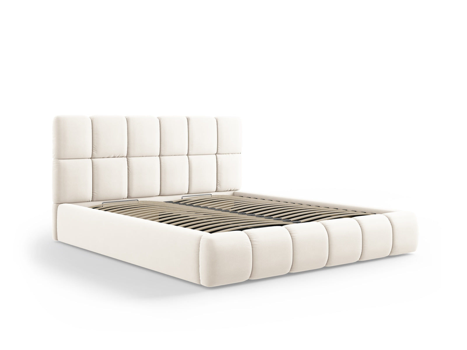 Stylisches Bellis Velour Bett in sanftem Beige, ausgestattet mit praktischem Stauraum und einem modernen Kopfteil für ein gemütliches Ambiente.
