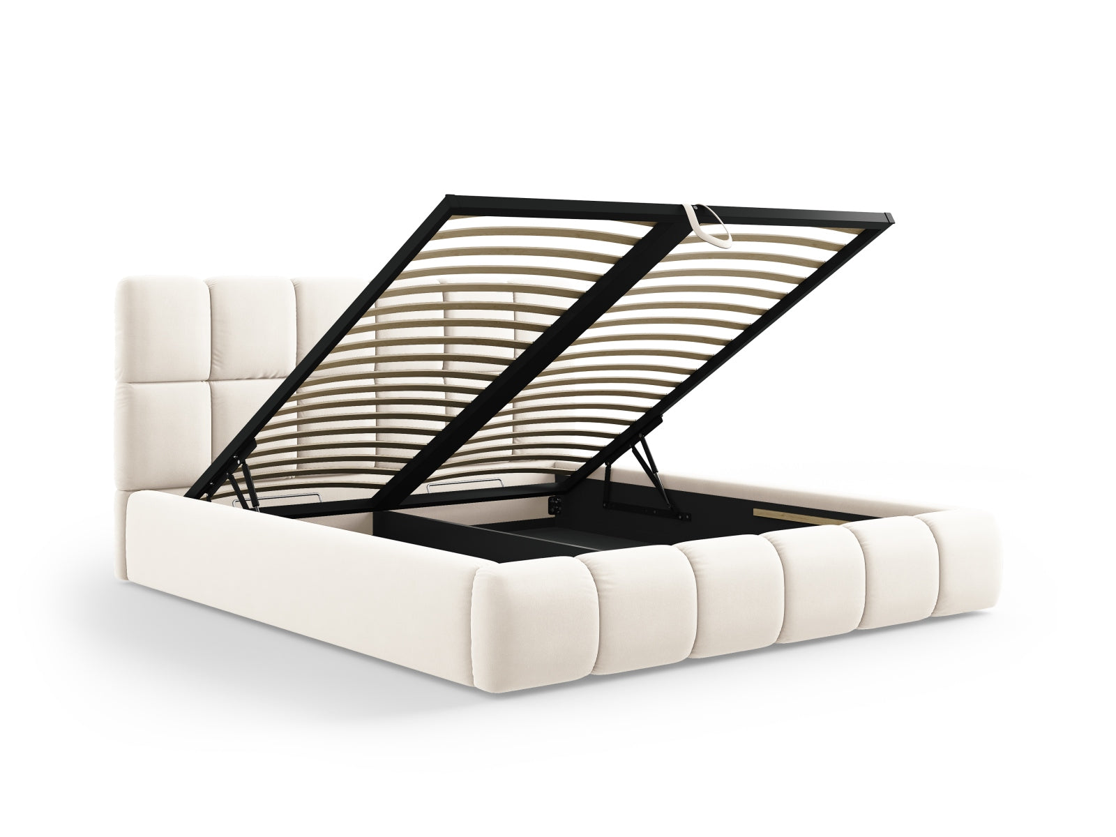 Elegantes Bellis Velour Bett in zartem Beige, ideal für stilvolle Schlafzimmer, bietet praktischen Stauraum und ein ansprechendes Kopfteil.