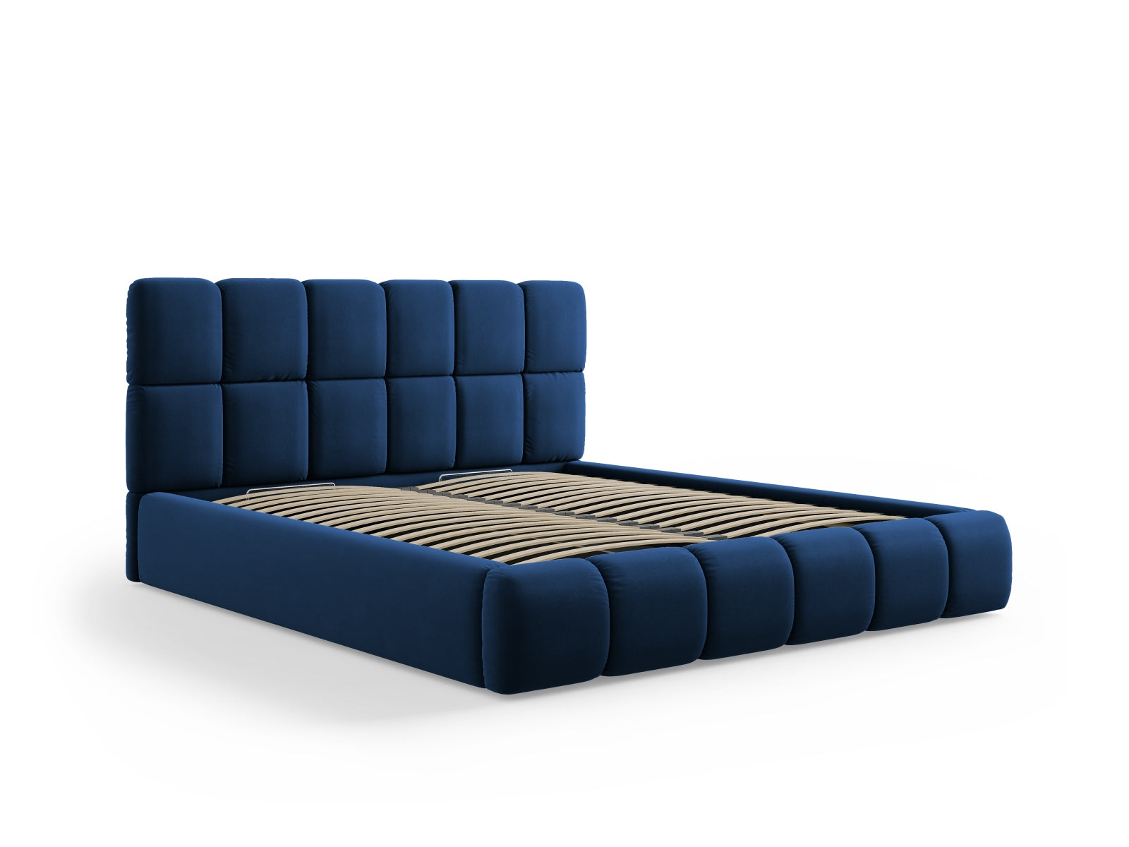 Stylisches Bellis Velour Bett in Royal Blue, ausgestattet mit praktischem Stauraum und einem eleganten Kopfteil für zeitgemäße Wohnräume.
