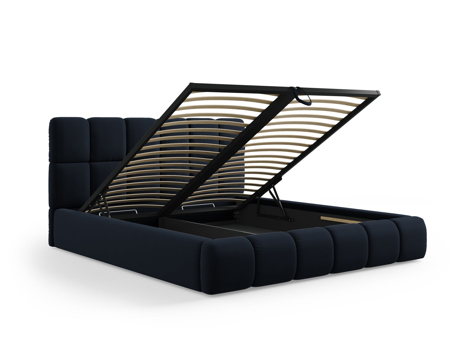 Elegantes Bellis Velour Bett in edlem Blau, bietet cleveren Stauraum und ein ansprechendes Kopfteil für stilvolle Schlafzimmergestaltung.