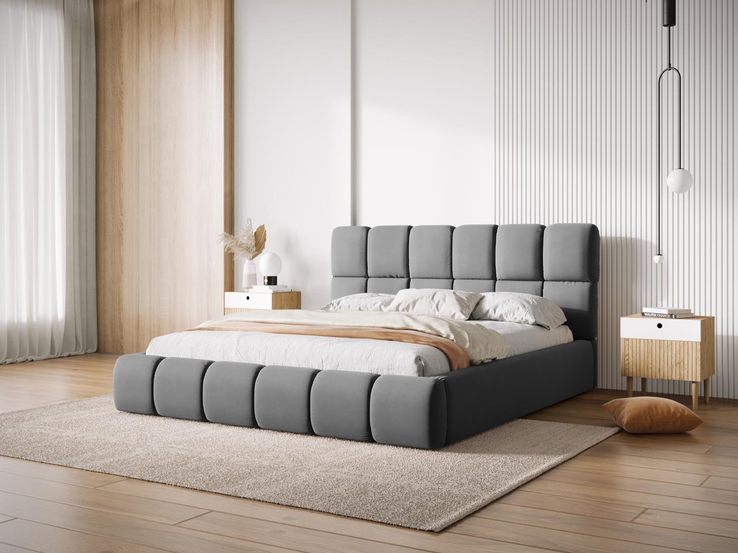 Elegantes Bellis Velour Bett in Grau-Blau mit praktischem Stauraum und stilvollem Kopfteil, ideal für moderne Schlafzimmer.