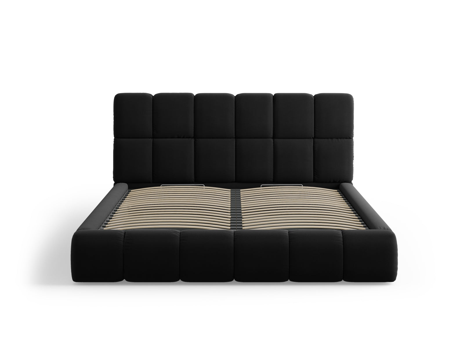 Elegantes Bellis Velour Bett in stilvollem Schwarz, bietet praktischen Stauraum und ein modernes Kopfteil für ein zeitgemäßes Ambiente.