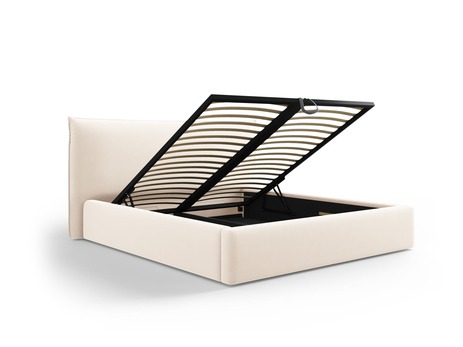 Elegantes Kaelle Velour Bett in zartem Beige, bietet cleveren Stauraum und ein modernes Kopfteil für stilvolle Schlafzimmer.