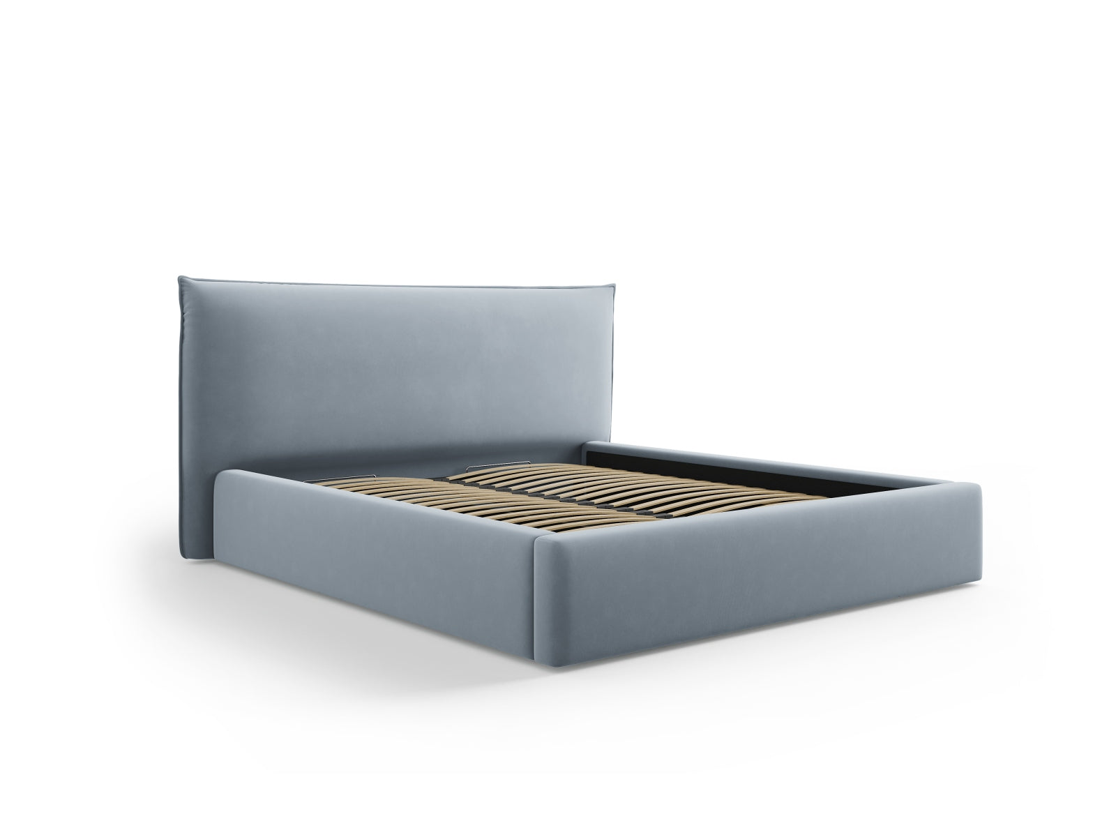 Elegantes Kaelle Velour Bett in sanftem Hellblau mit praktischem Stauraum und stilvollem Headboard, ideal für jedes Schlafzimmer.