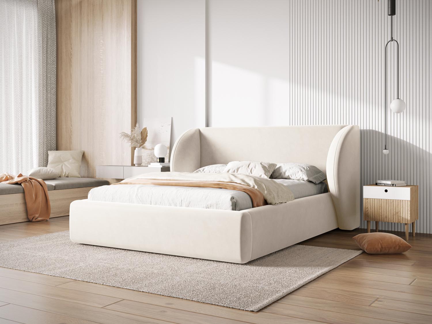 Elegantes Miley Velour Bett in Light Beige-Bluvel mit praktischem Stauraum und stilvollem Headboard, ideal für jedes Schlafzimmer.