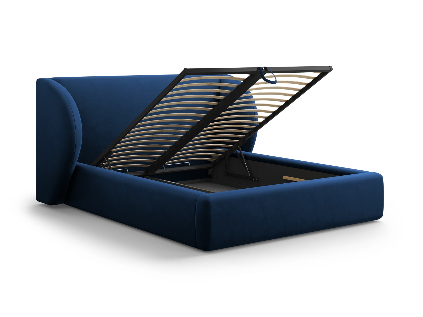 Elegantes Miley Velour Bett in Royal Blue mit praktischem Stauraum und stilvollem Kopfteil, ideal für moderne Schlafzimmer.