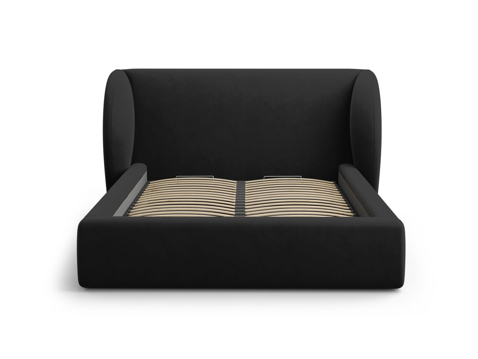 Schwarzes Miley Velour Bett mit 160 cm Breite, ausgestattet mit Stauraum und einem eleganten Kopfteil für zeitgemäße Schlafzimmer.