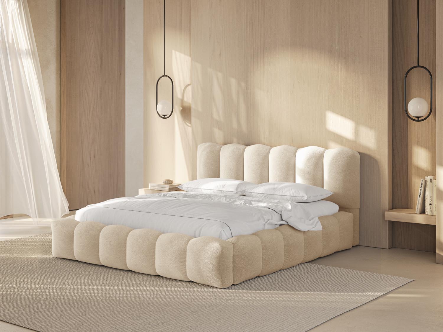 Elegantes Lupine Bett in Beige mit praktischem Stauraum und stilvollem Headboard, ideal für moderne Schlafzimmer.