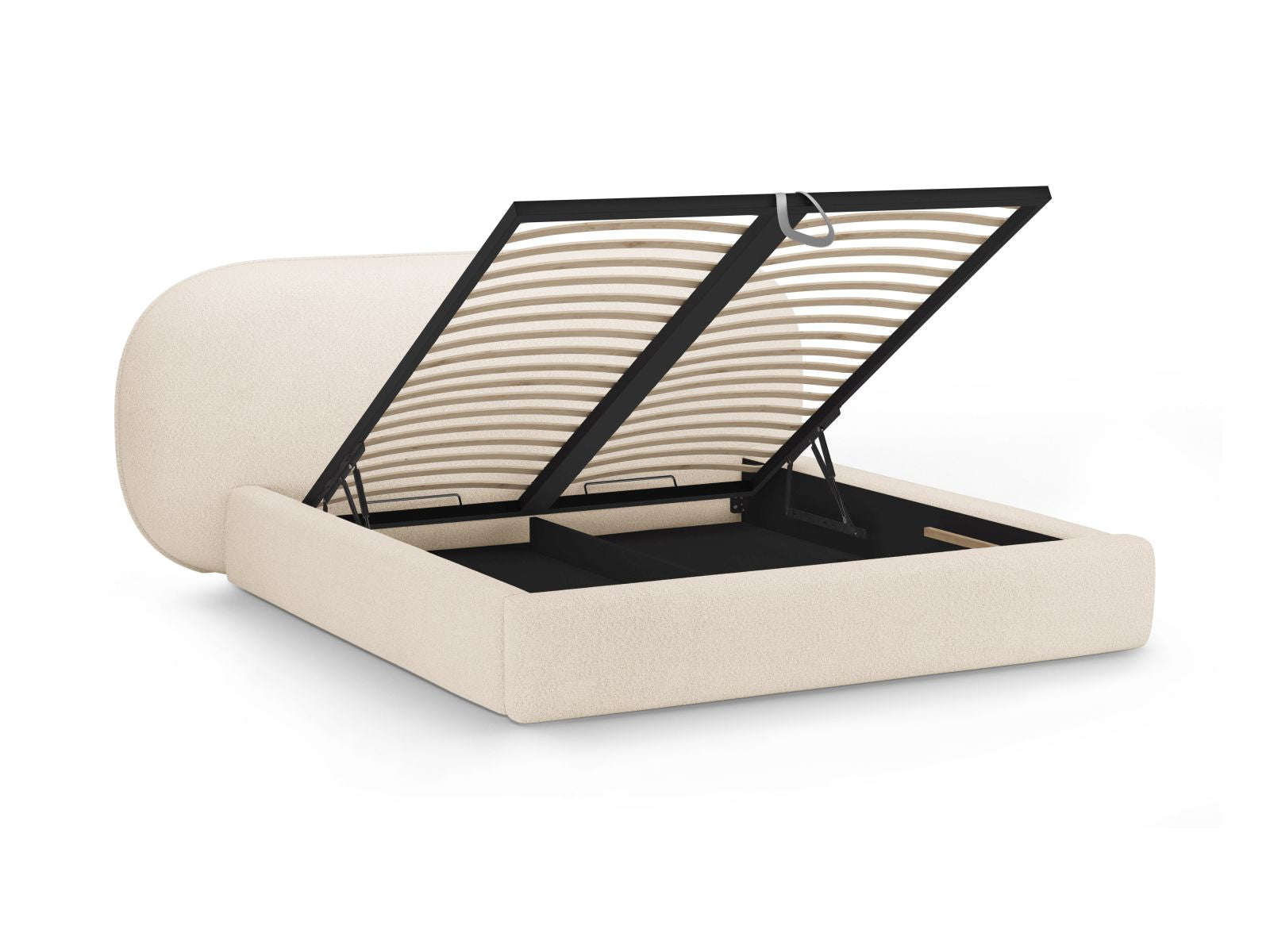 Elegantes Ovalo Bett in Beige-Baloo, 180 cm breit, bietet stilvollen Stauraum und ein ansprechendes Kopfteil für Ihr Schlafzimmer.