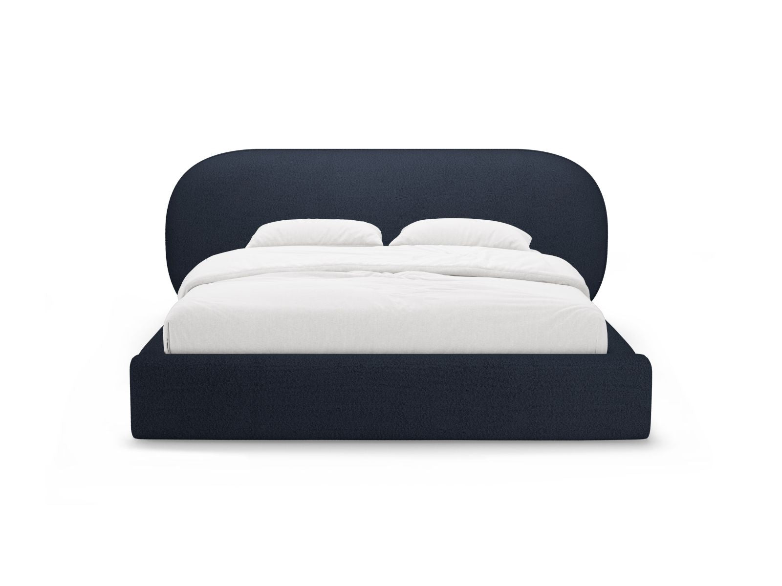 Elegantes Ovalo Bett mit Stauraum und Kopfteil in Dunkelblau, ideal für stilvolle Schlafzimmer, erhältlich bei KAQTU Design AG.