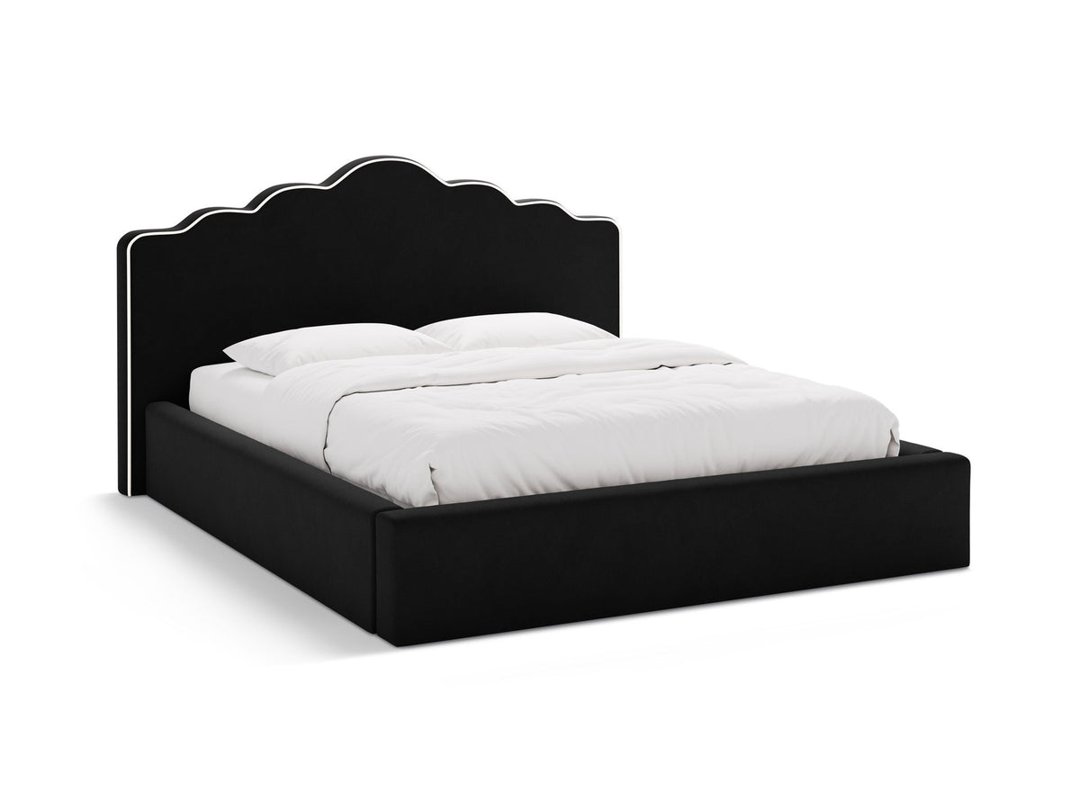 Samtbett Dream in Elfenbein mit gepolstertem Kopfteil, Bettkasten mit Gaslift-Öffnung und niedrigen Beinen aus Polypropylen.