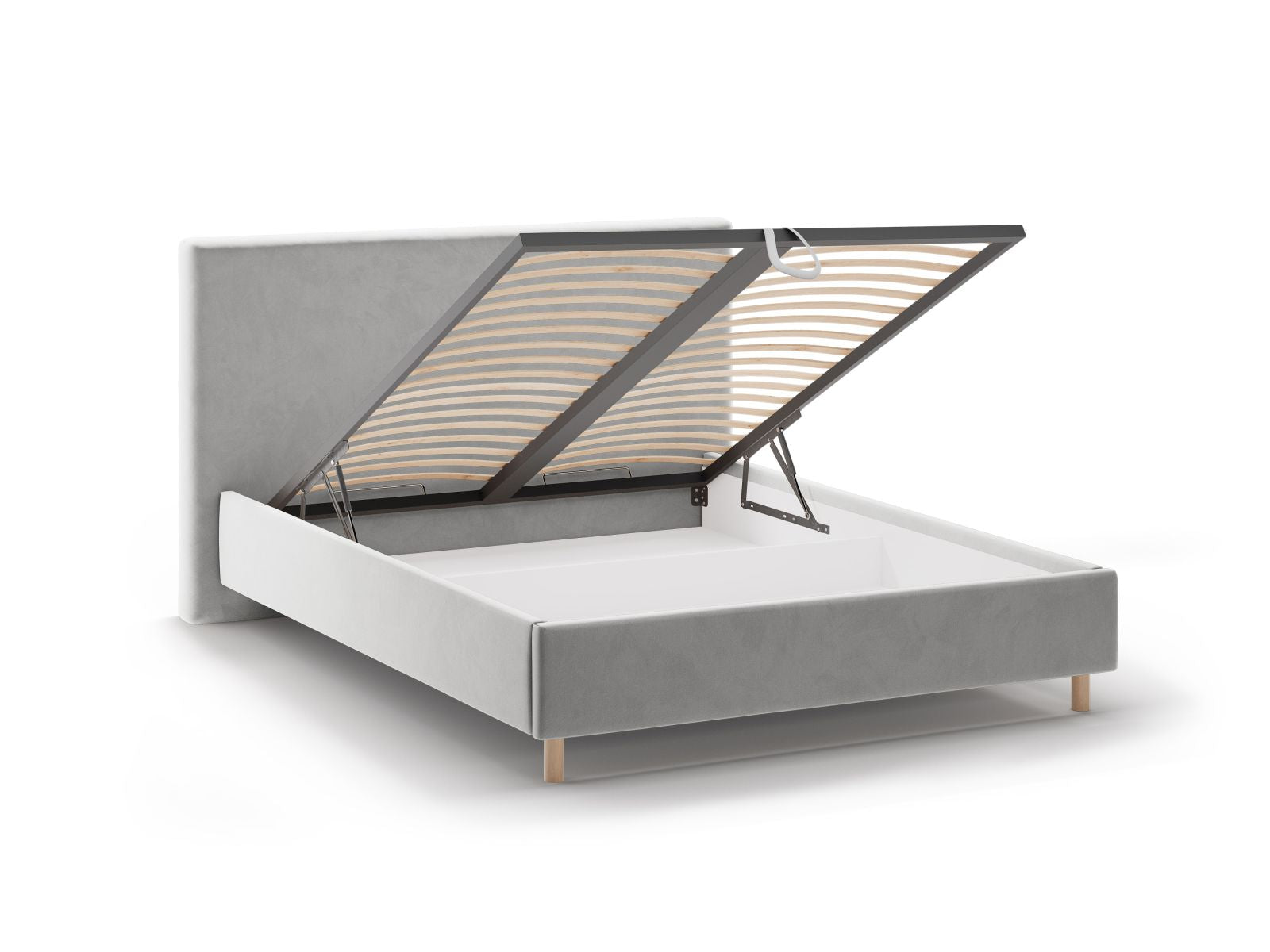 Stylisches Eloise Bett in sanftem Grau, ideal für modernen Schlafkomfort, mit praktischem Stauraum und einem ansprechenden Kopfteil.