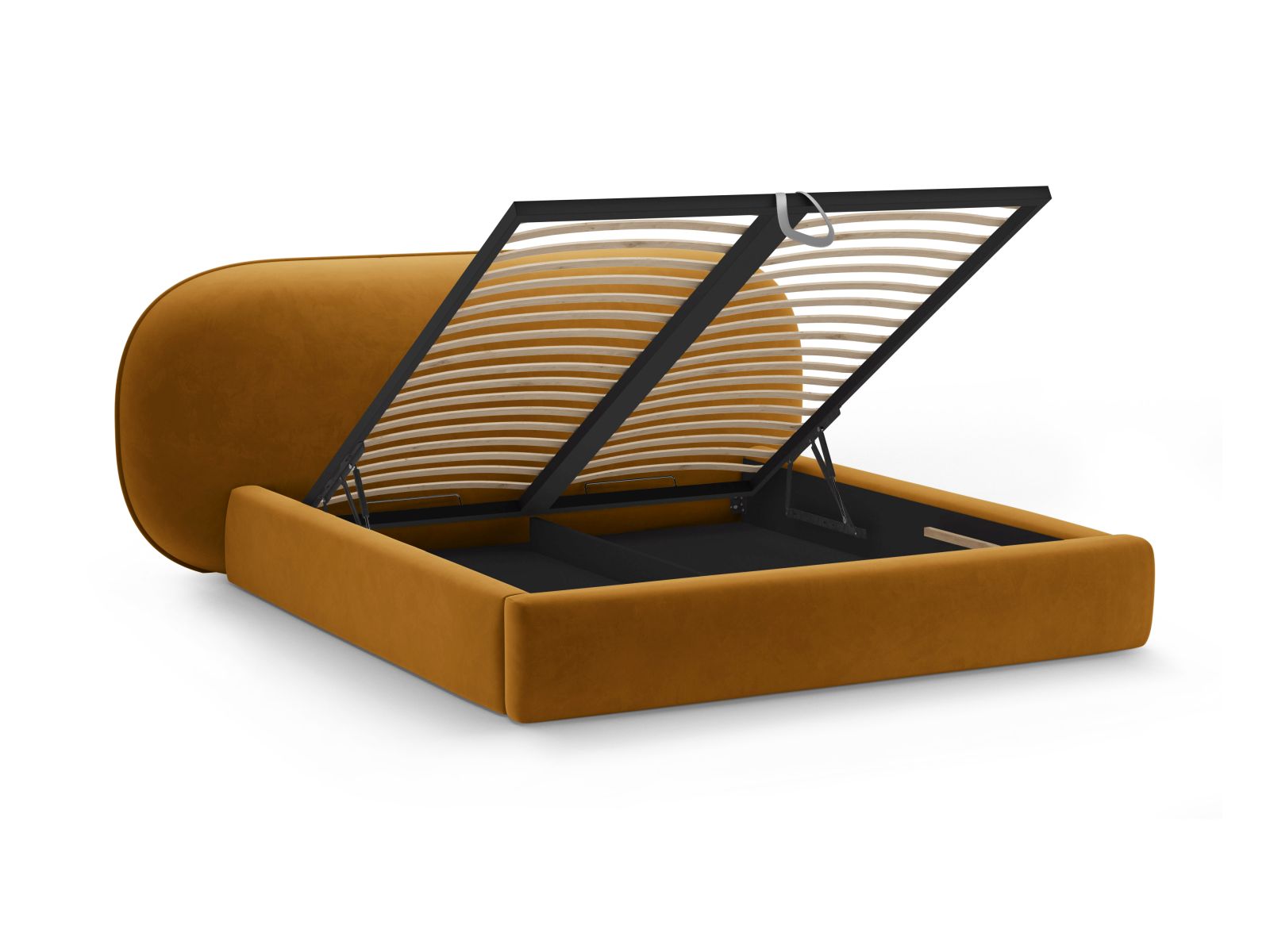 Elegantes Ovalo Bett mit 180 cm Breite, ausgestattet mit praktischem Stauraum und einem stilvollen Kopfteil in Mustard-Magic Velvet.