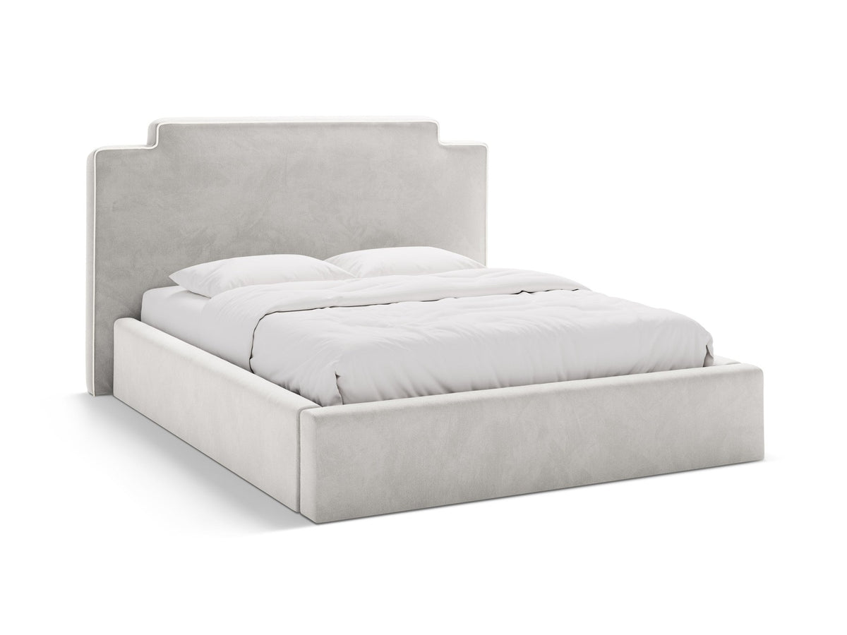 Samtbett Princess mit hohem Kopfteil, Bettkasten und Beinen aus Polypropylen, Farbe Elfenbein, Frontalansicht des Möbelstücks.