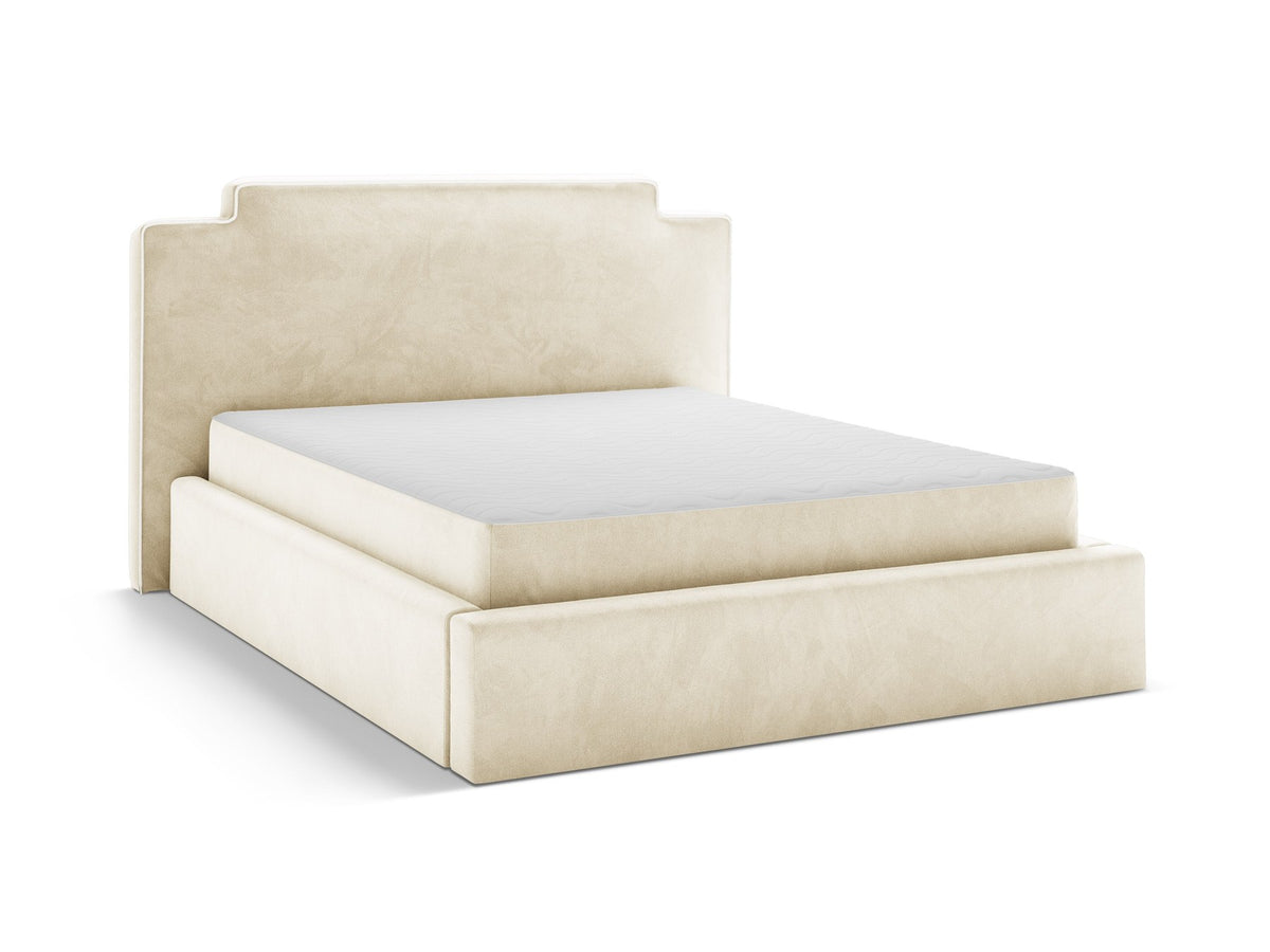 Samtbett Princess mit hohem Kopfteil, Bettkasten und Beinen aus Polypropylen, Farbe Elfenbein, Frontalansicht des Möbelstücks.