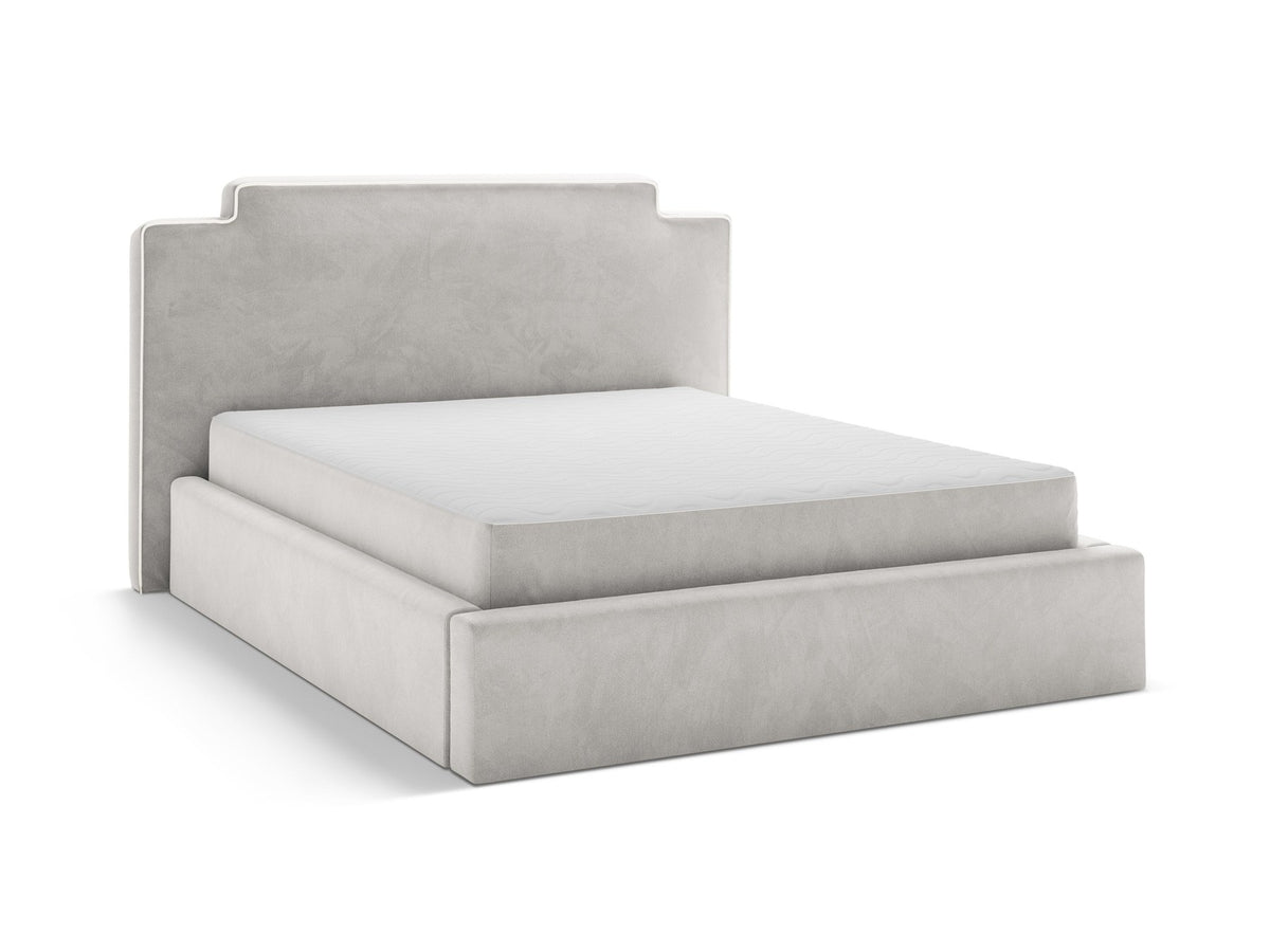 Samtbett Princess mit hohem Kopfteil, Bettkasten und Beinen aus Polypropylen, Farbe Elfenbein, Frontalansicht des Möbelstücks.
