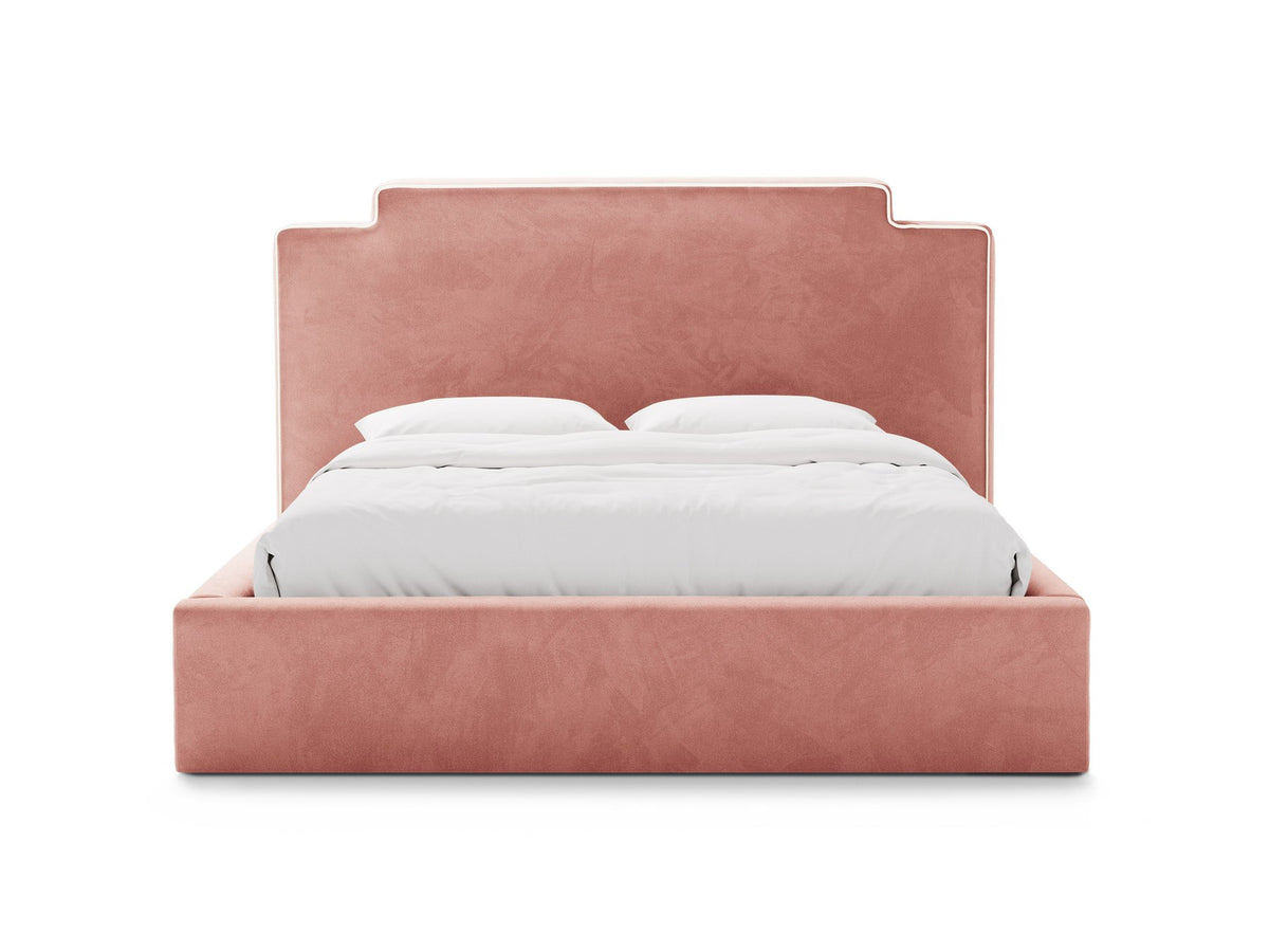 Samtbett Princess mit hohem Kopfteil, Bettkasten und Beinen aus Polypropylen, Farbe Elfenbein, Frontalansicht des Möbelstücks.