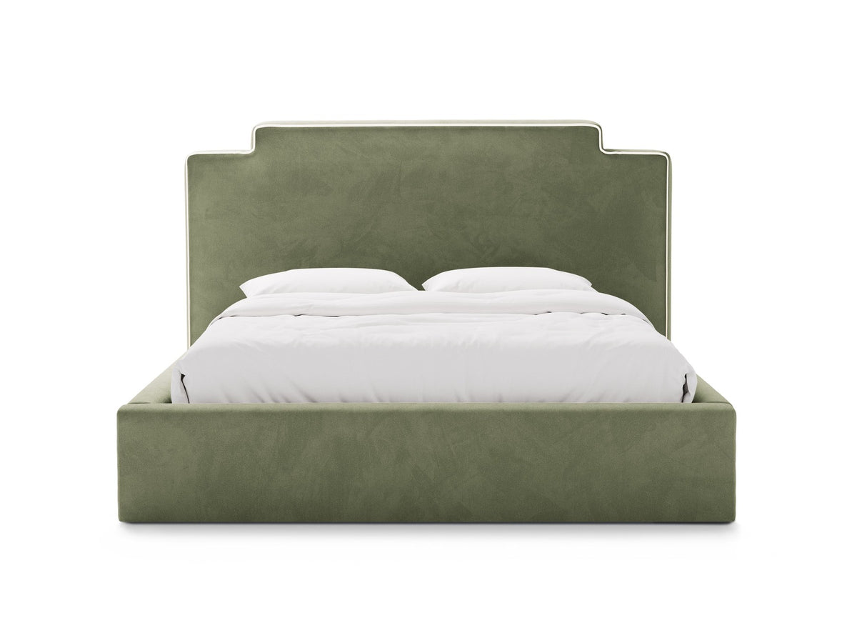 Samtbett Princess mit hohem Kopfteil, Bettkasten und Beinen aus Polypropylen, Farbe Elfenbein, Frontalansicht des Möbelstücks.