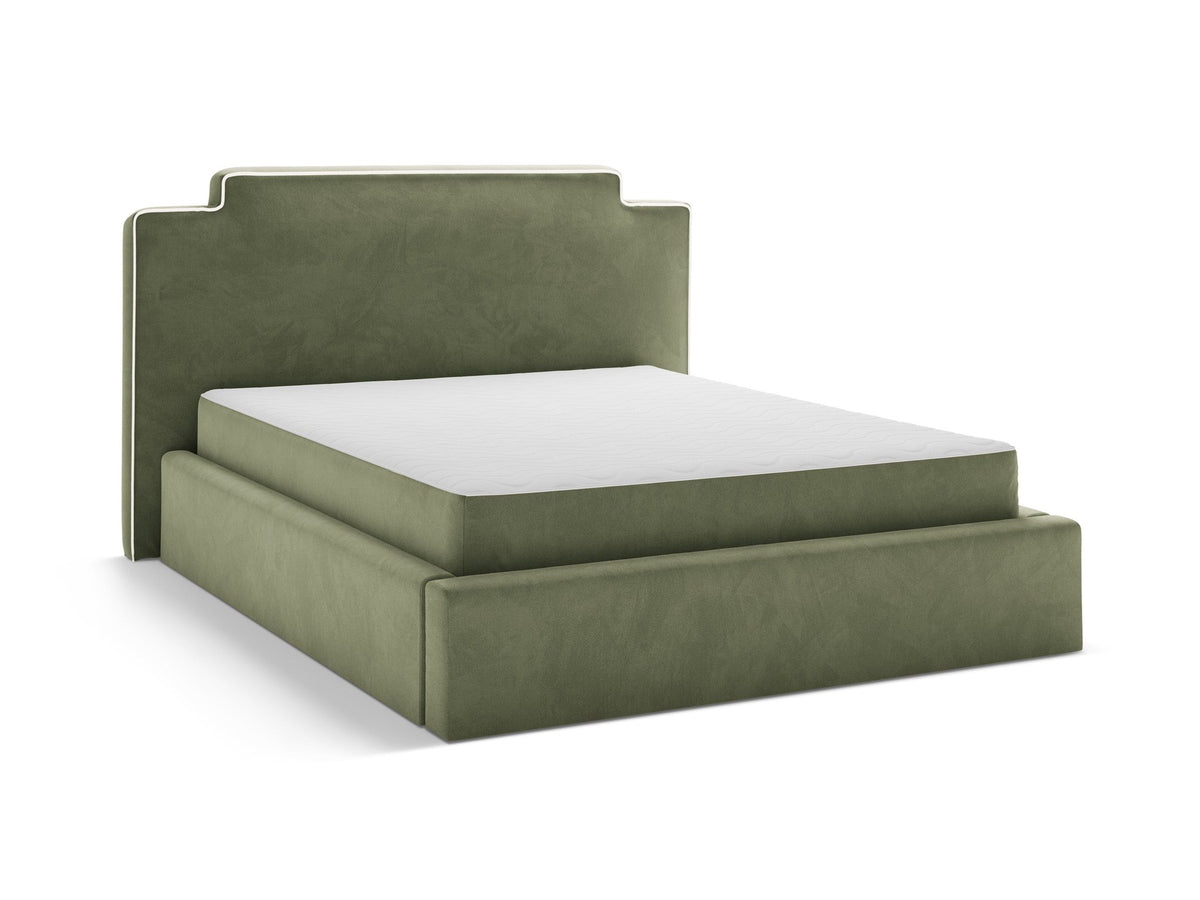 Samtbett Princess mit hohem Kopfteil, Bettkasten und Beinen aus Polypropylen, Farbe Elfenbein, Frontalansicht des Möbelstücks.