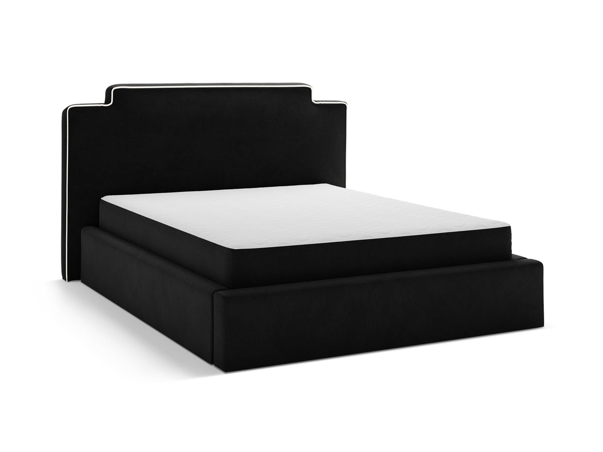 Samtbett Princess mit hohem Kopfteil, Bettkasten und Beinen aus Polypropylen, Farbe Elfenbein, Frontalansicht des Möbelstücks.