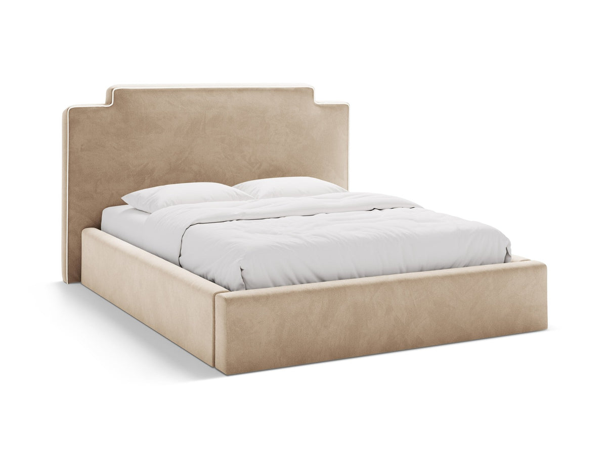 Samtbett Princess mit hohem Kopfteil, Bettkasten und Beinen aus Polypropylen, Farbe Elfenbein, Frontalansicht des Möbelstücks.