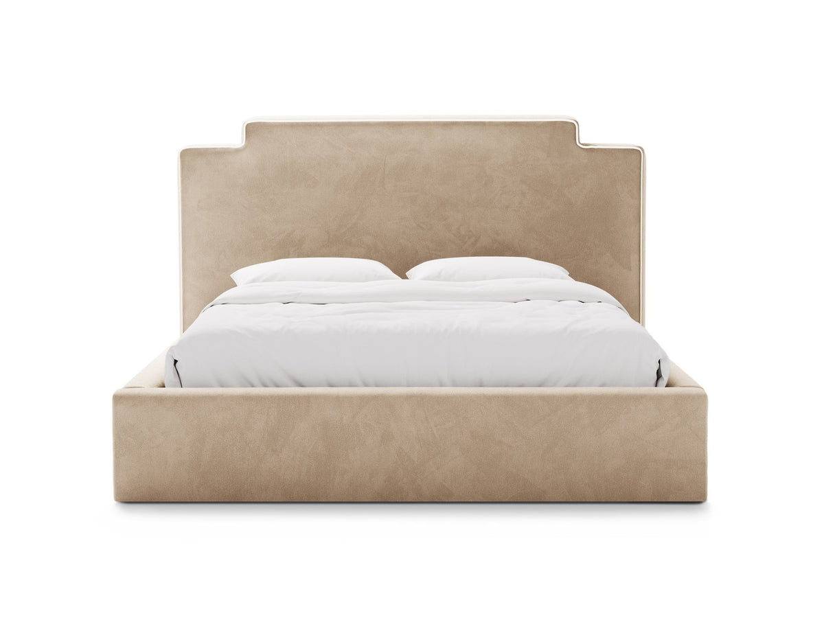 Samtbett Princess mit hohem Kopfteil, Bettkasten und Beinen aus Polypropylen, Farbe Elfenbein, Frontalansicht des Möbelstücks.