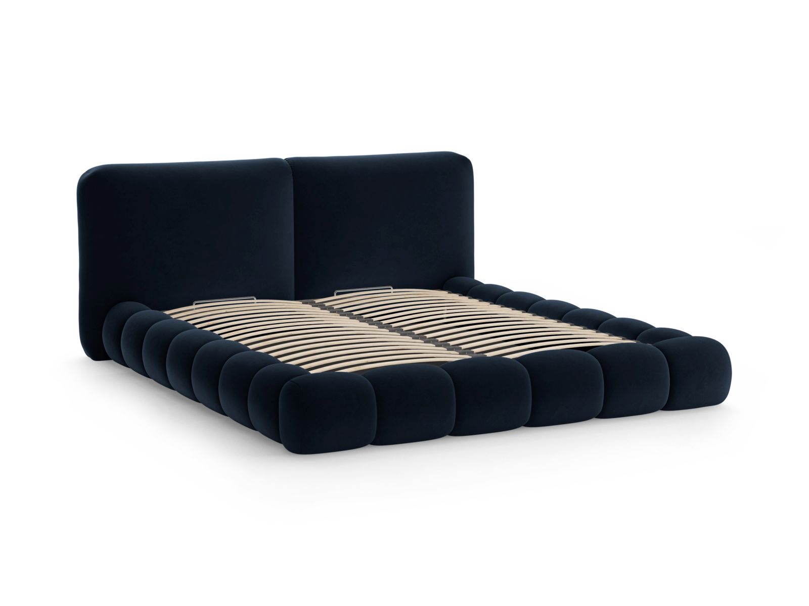 Elegantes Solange Bett in Royal Blue-Magic Velvet, bietet großzügigen Stauraum und ein modernes Kopfteil für stilvolle Schlafzimmergestaltung.