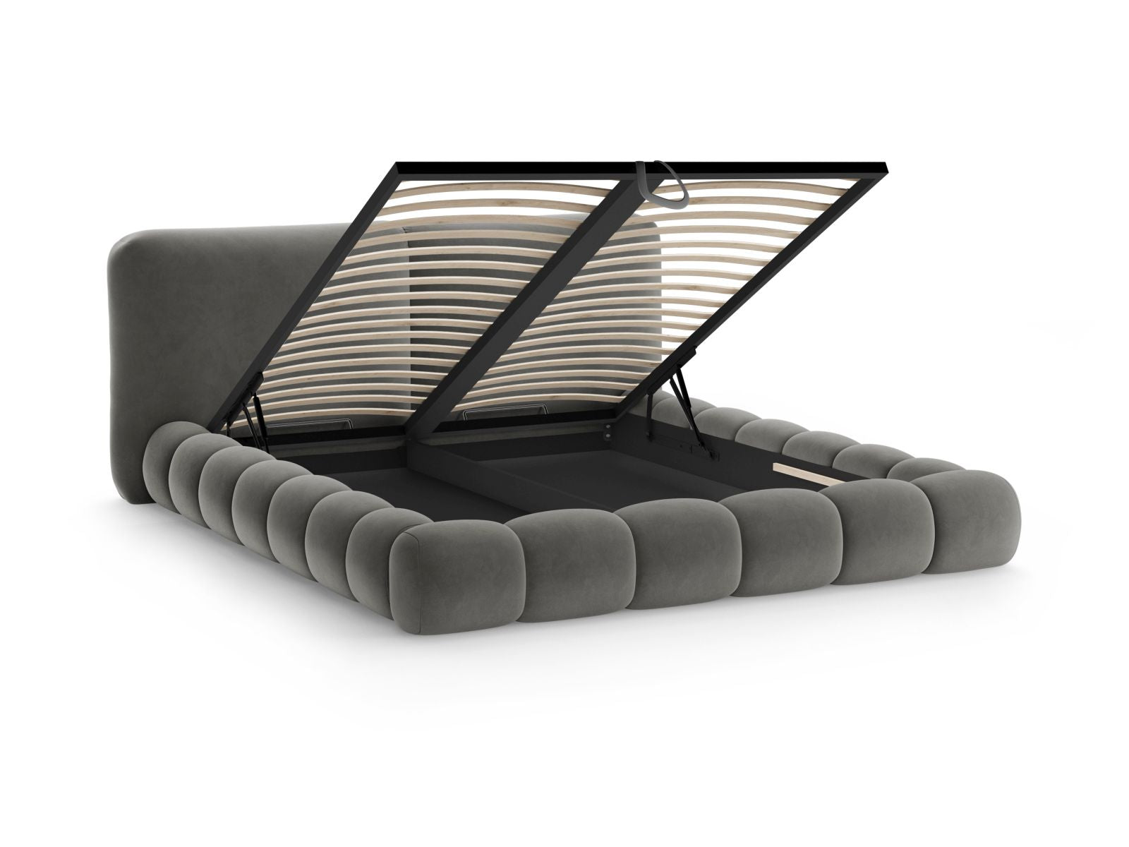 Modernes Solange Bett mit 180 cm hohem Kopfteil und integriertem Stauraum, in luxuriösem Dark Grey-Magic Velvet für ein stilvolles Ambiente.