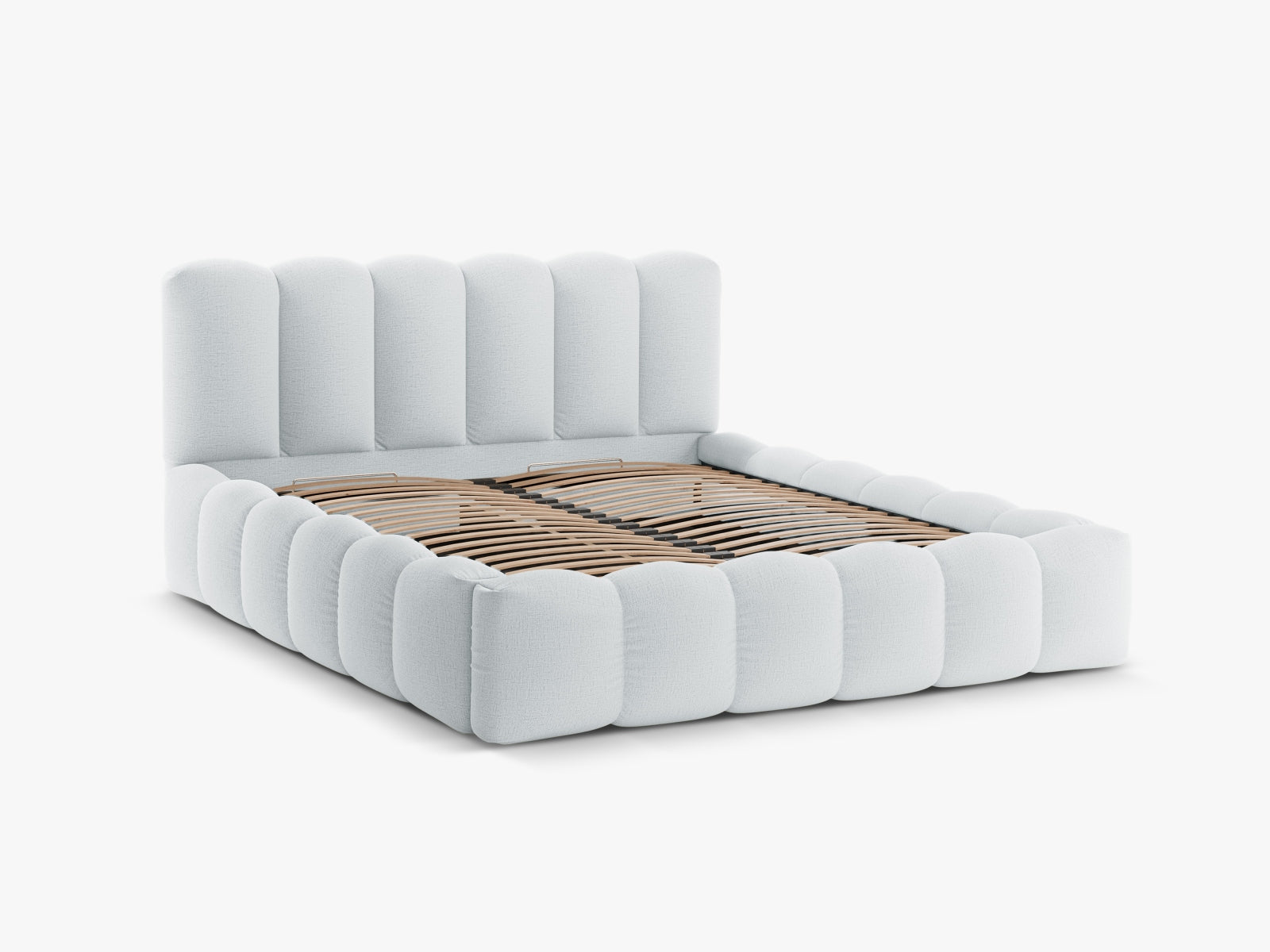 Modernes Micadoni Bett Lupine in Light Grey-Moly, ausgestattet mit Stauraum und einem ansprechenden Kopfteil für stilvolle Schlafzimmer.