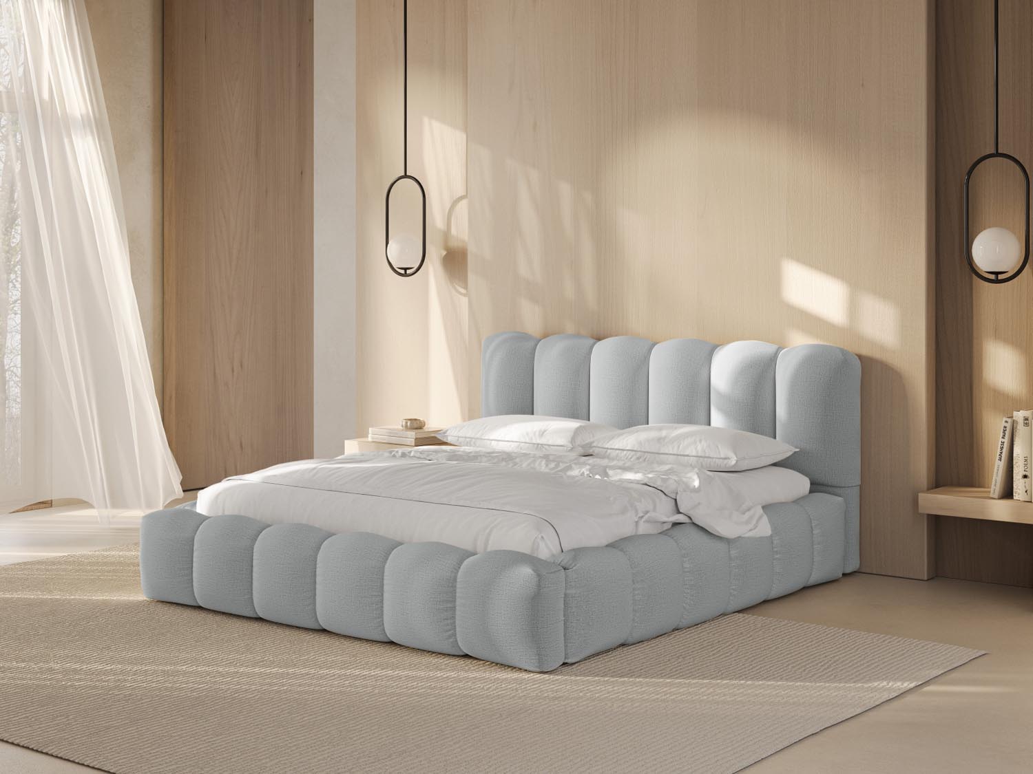 Elegantes Lupine Bett in Light Grey-Moly mit praktischem Stauraum und stilvollem Headboard, ideal für moderne Schlafzimmer.