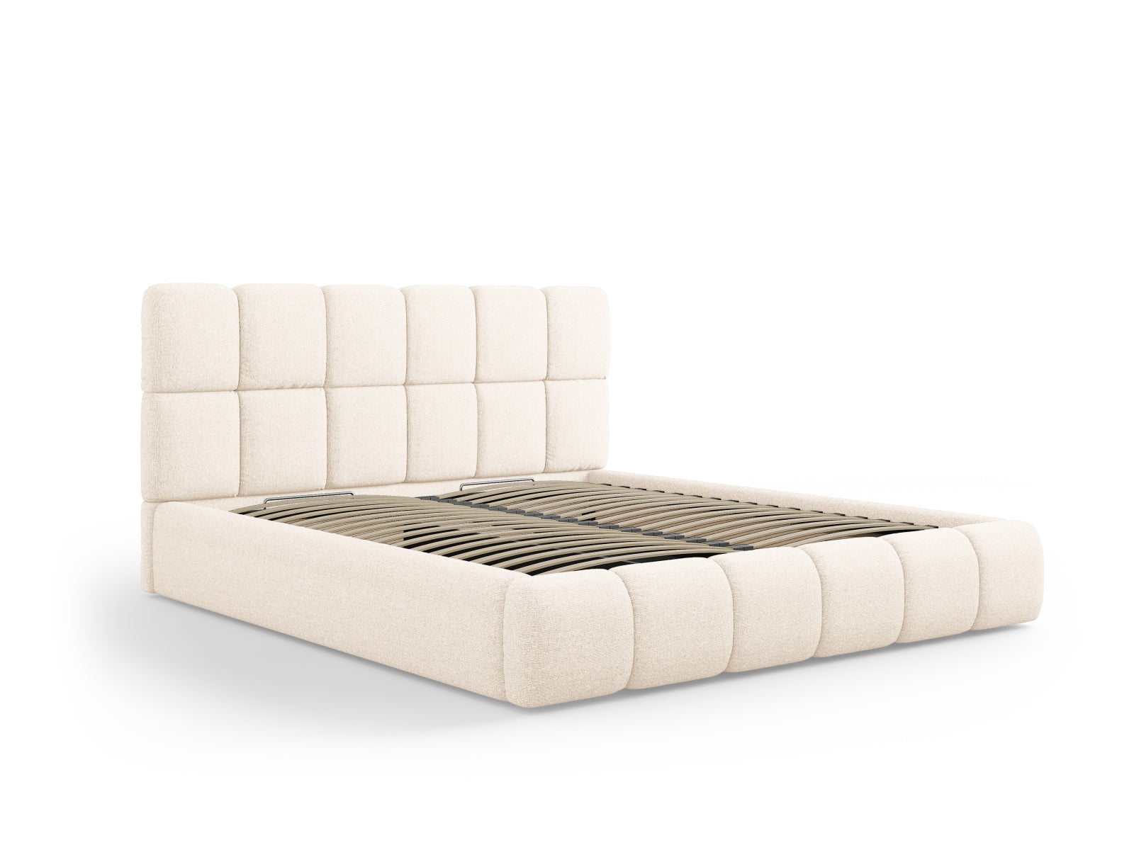 Stylisches Bellis Bett in sanftem Beige, ausgestattet mit praktischem Stauraum und einem ansprechenden Kopfteil für zeitgemäße Schlafzimmer.