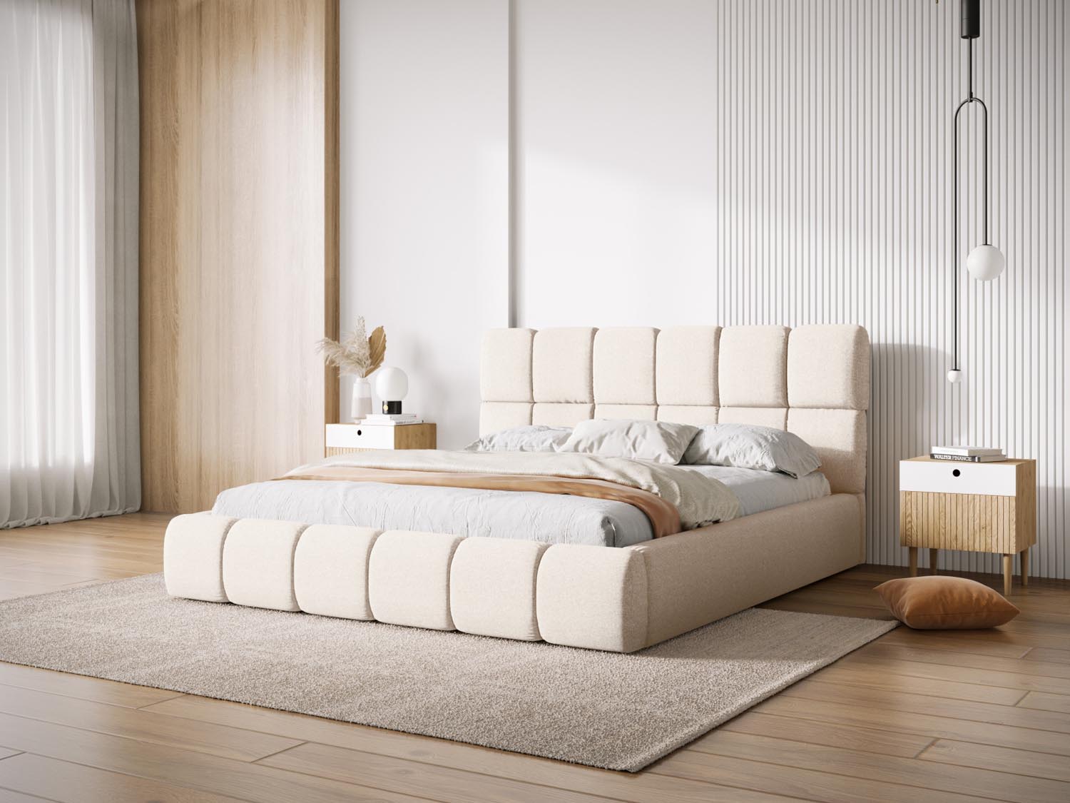 Elegantes Bellis Bett in Light Beige mit praktischem Stauraum und stilvollem Headboard, ideal für moderne Schlafzimmer.