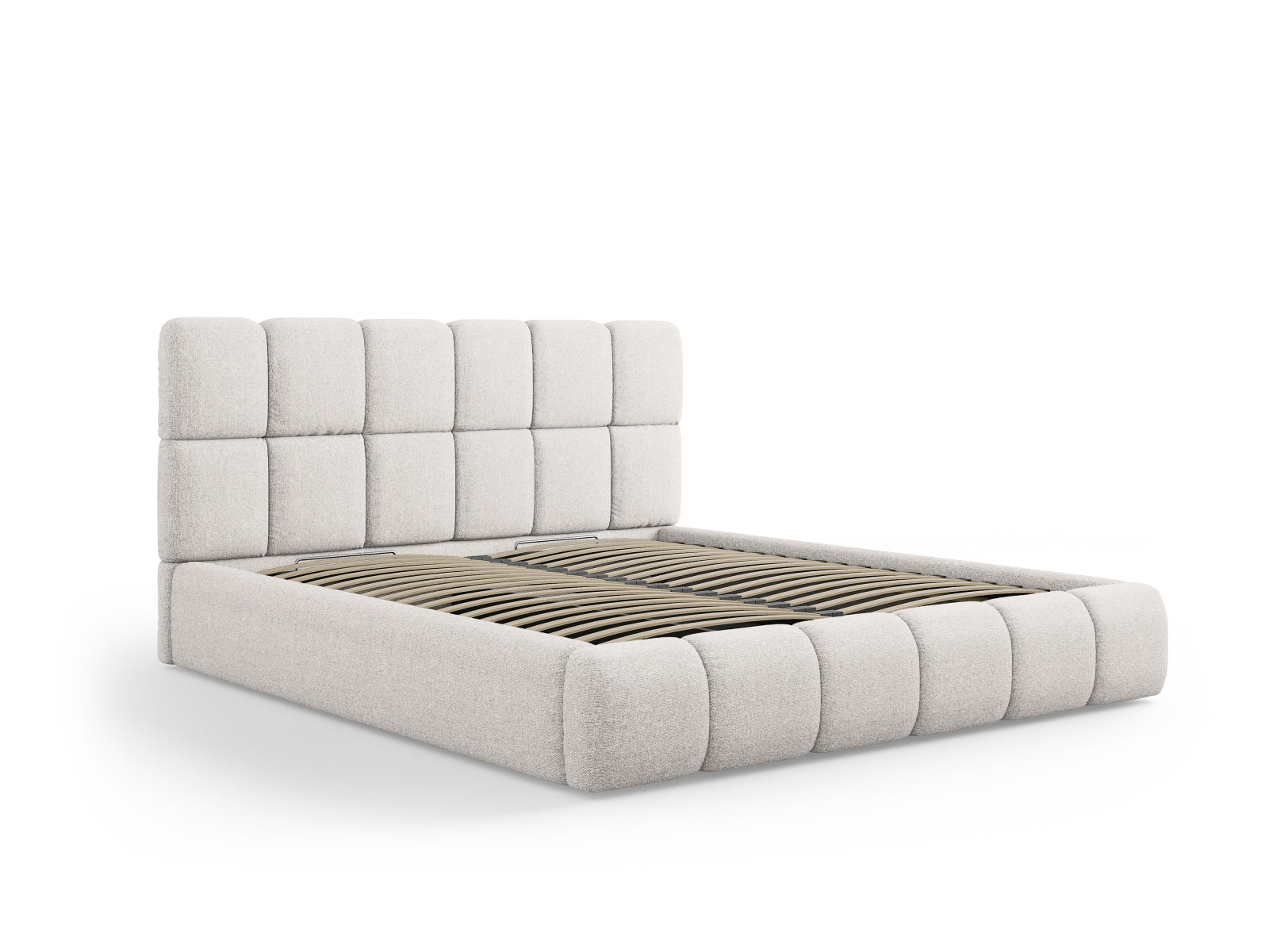 Stylisches Bellis Bett in hellem Grau, ausgestattet mit praktischem Stauraum und einem ansprechenden Kopfteil für zeitgemäße Schlafzimmer.
