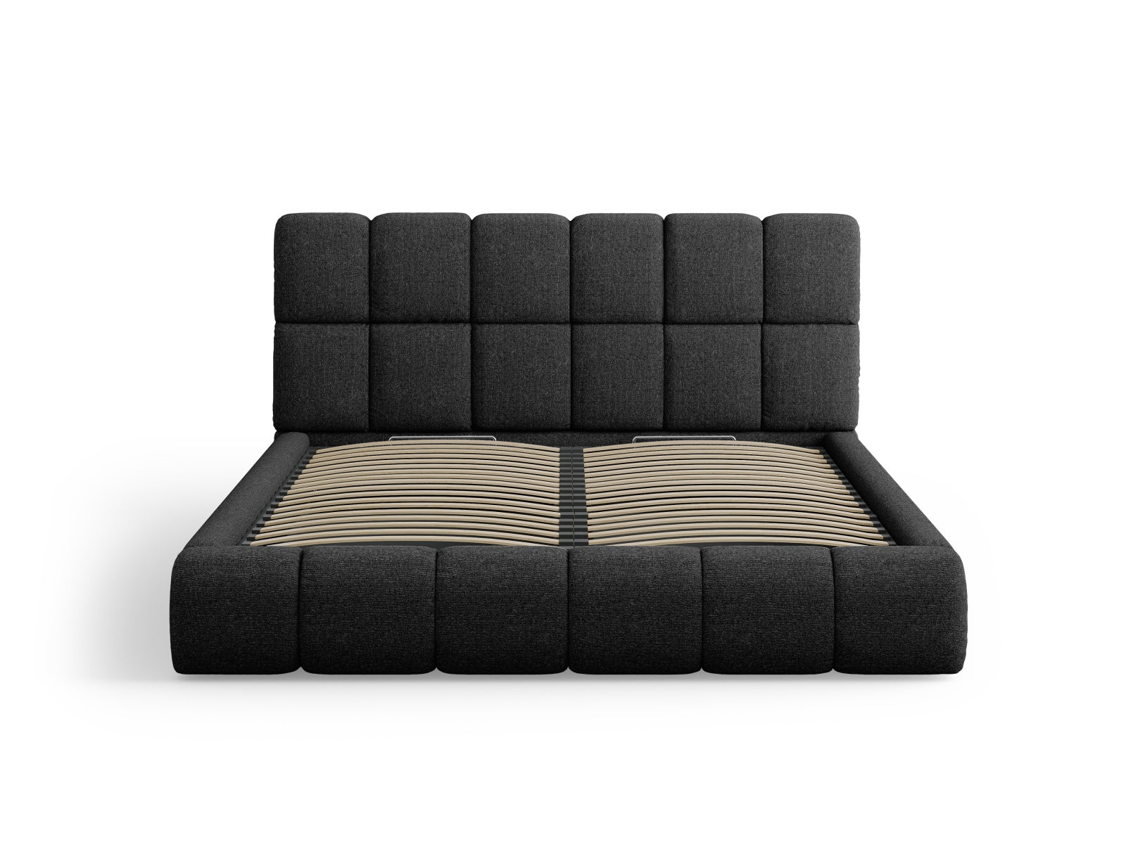 Modernes Bellis Bett mit praktischem Stauraum und elegantem Kopfteil in Schwarz, ideal für stilvolle Schlafzimmerlösungen.