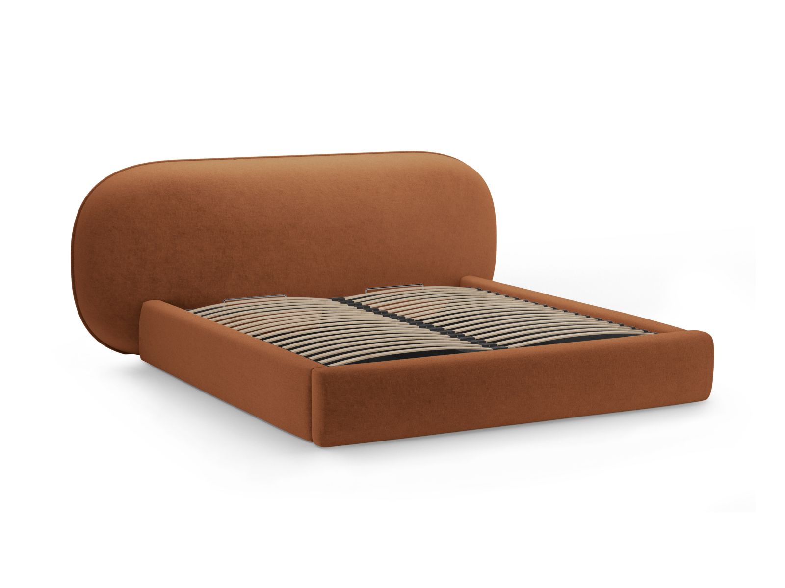 Modernes Ovalo Bett mit 180 cm hohem Kopfteil und integriertem Stauraum in warmem Terracotta, perfekt für ein gemütliches Schlafzimmer.