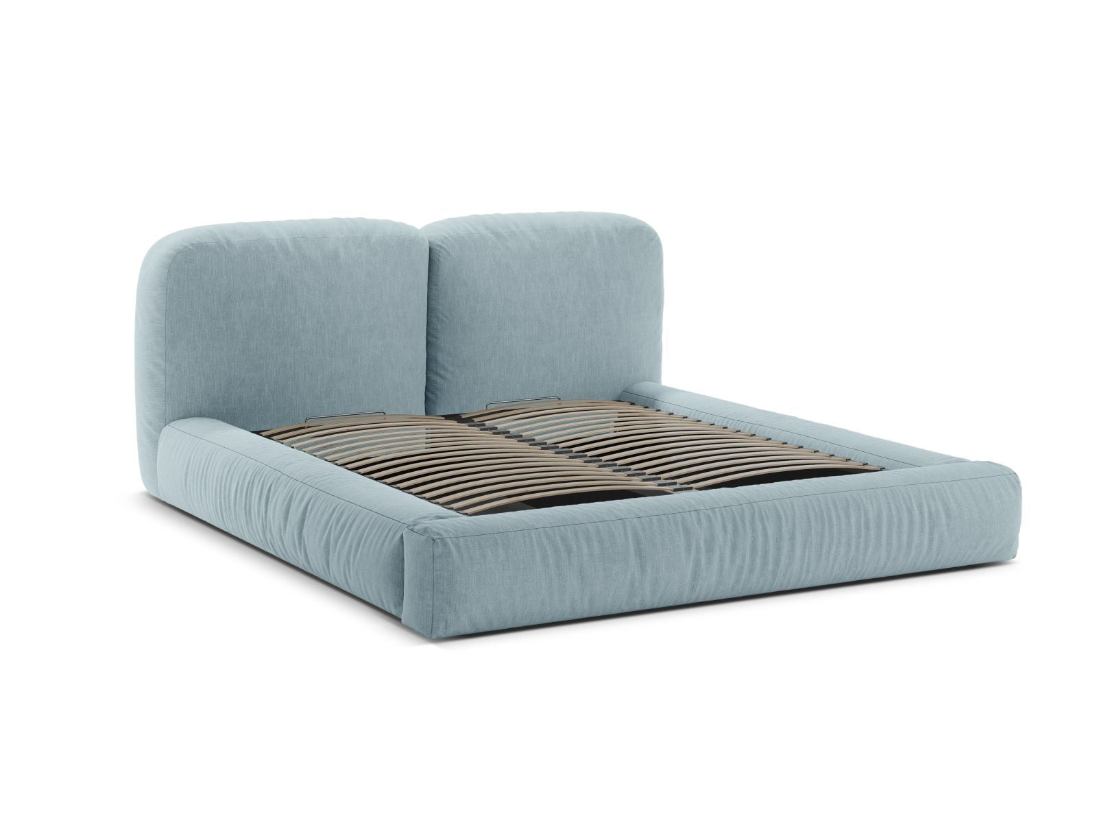 Elegantes Martina Bett mit 180 cm Breite, funktionalem Stauraum und stilvollem Kopfteil in Satin Blue-Boston, ideal für moderne Schlafzimmer.