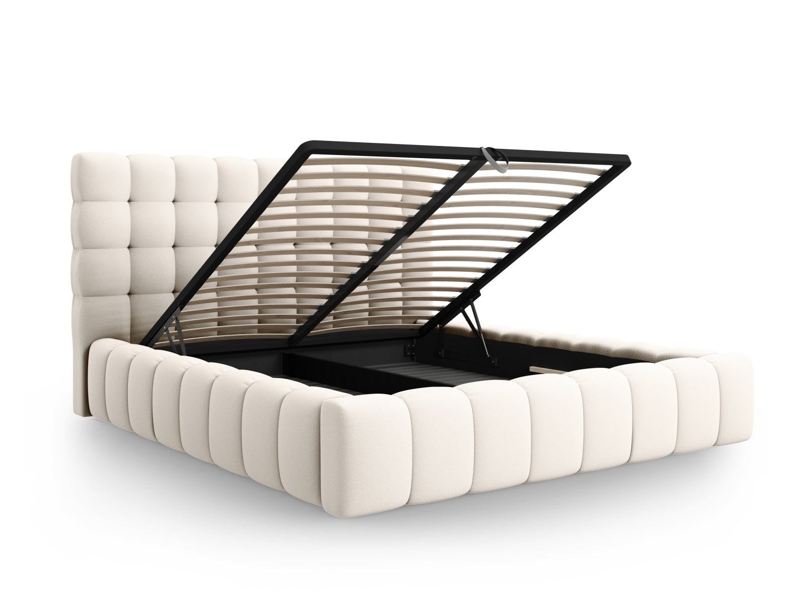 Erleben Sie das Mamaia Bett von Micadoni: Elegantes Design, integrierter Stauraum und ein luxuriöses Kopfteil für höchsten Schlafkomfort!