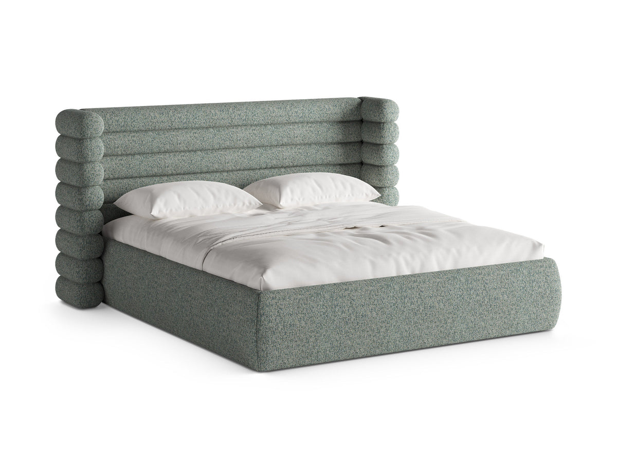 Stauraumbett Mount mit gepolstertem Kopfteil, Rahmen aus massiver Kiefer und MDF, Beine aus schwarzem Polypropylen, Bettkasten mit Gaslift-Mechanik.
