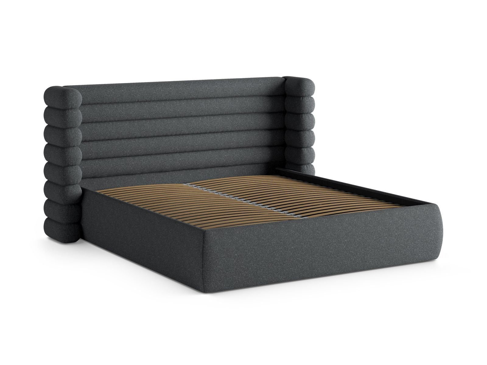 Elegantes Mount Bett in Dunkelgrau mit integriertem Stauraum und ansprechendem Kopfteil, ideal für stilvolle Schlafzimmerlösungen.
