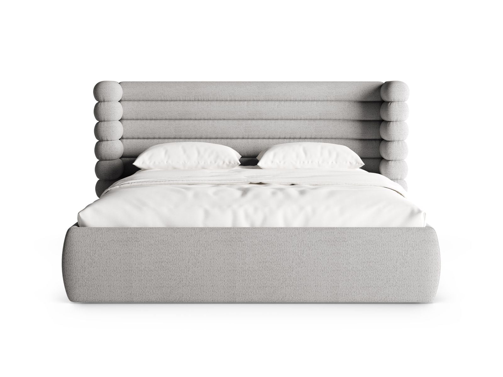 Elegantes Mount Bett mit praktischem Stauraum und stilvollem Kopfteil in Grau, ideal für moderne Schlafzimmer. Von Micadoni.