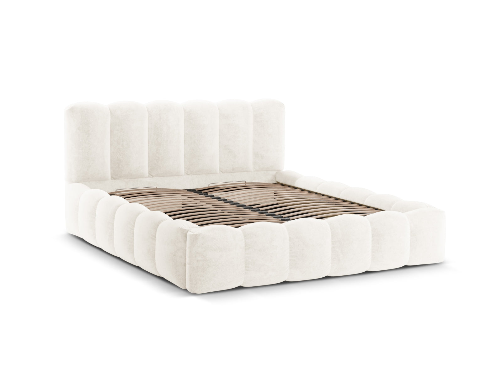 Elegantes Lupine Bett in hellem Beige, ideal für stilvolle Schlafzimmer, bietet praktischen Stauraum und ein geschmackvolles Kopfteil.