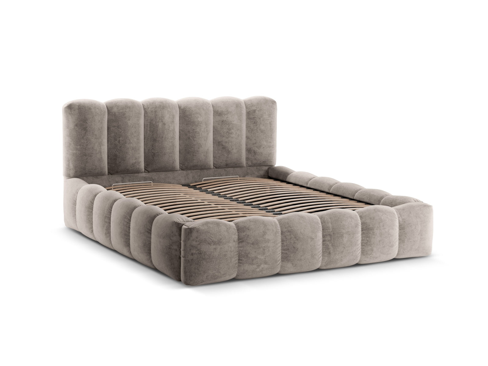 Elegantes Lupine Bett in warmem Cappuccino, ideal für stilvolle Schlafzimmer, bietet praktischen Stauraum und ein geschmackvolles Kopfteil.