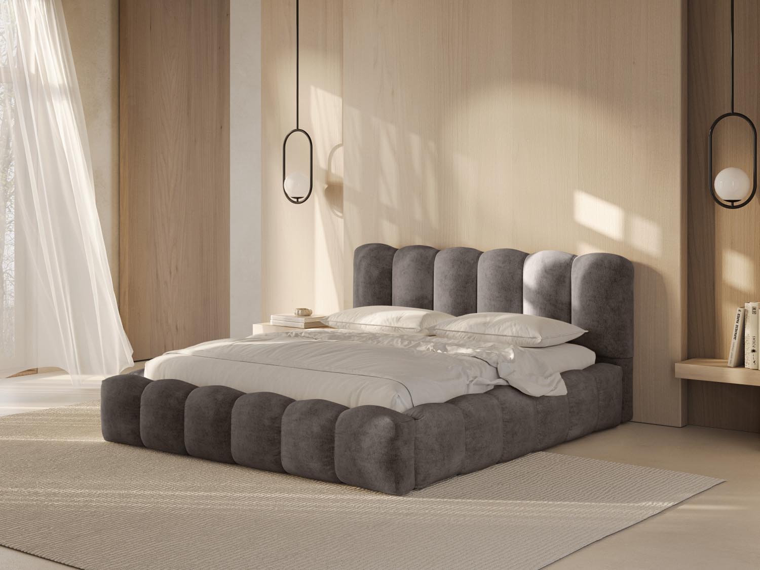 Elegantes Lupine Bett in Cappuccino mit praktischem Stauraum und stilvollem Headboard, ideal für moderne Schlafzimmer.